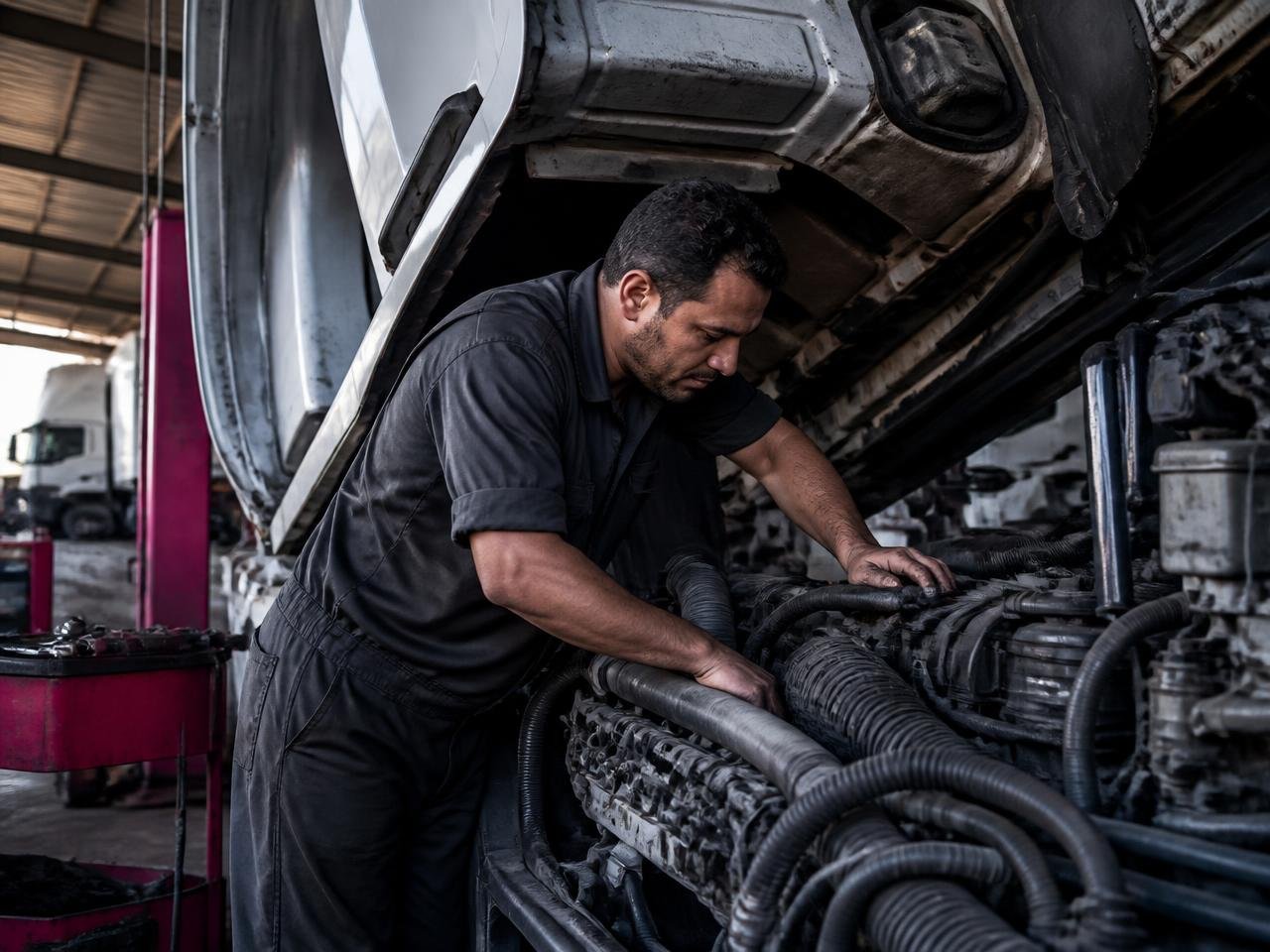 Mecânico realizando manutenção de caminhão em oficina diesel em Porto Feliz
